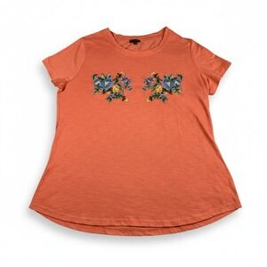 HANNAH Womens Floral Embroidered Short Sleeve T-Shirt Orange Size Large Casual